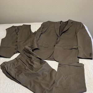Joseph & Feiss Brown Pinstripe Three-Piece Suit - Jacket, Vest & Trousers Wool.